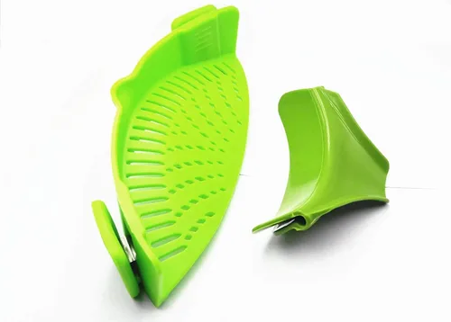 Colador de silicona con clip con cuenco deslizante, sin boquilla para drenar alimentos mientras cocinas o viertes líquido, tamaño universal que se