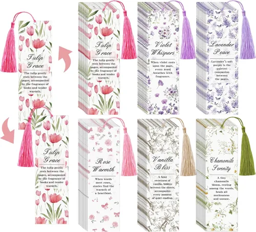 Sinmoe 60 Pcs Scented Bookmarks for Women Book Lovers Scratch and Sniff Rose Flower Bookmarks with Tassels Smelly Craft Reading Gifts for Reading