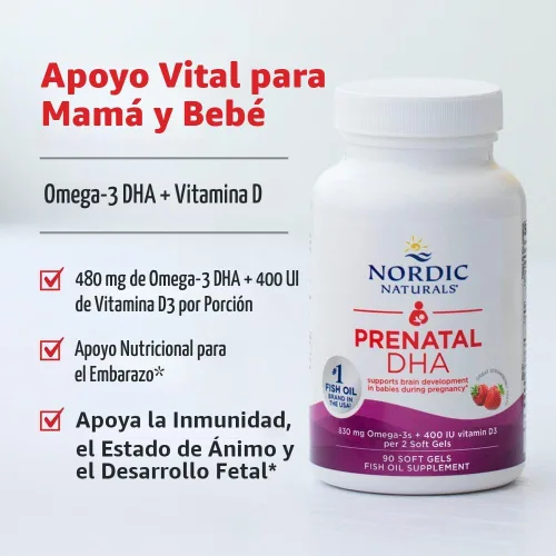 Miniatura 3 de Nordic Naturals DHA Prenatal, Fresa - 120 Cápsulas Blandas - 830 mg de Omega-3 + 400 UI de Vitamina D3 - Apoya el Desarrollo Cerebral en Bebés