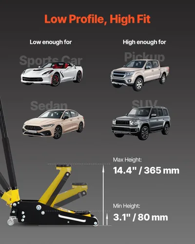 Miniatura 3 de VEVOR Gato de piso de perfil bajo de 1.5 toneladas (3300 libras), elevador de tierra de carreras de aluminio y acero con pistones duales, bomba