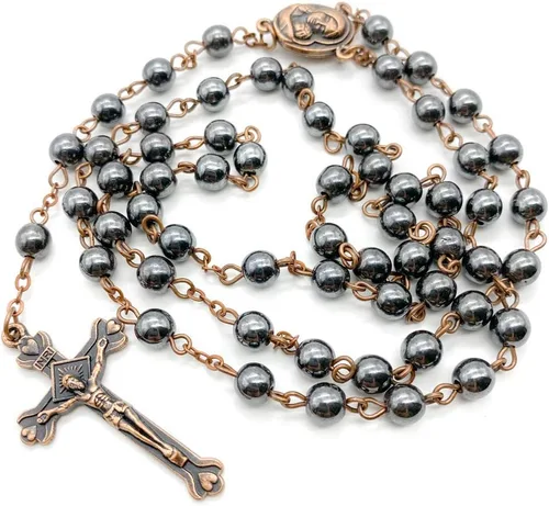 Miniatura 9 de Nazareth Store Hematite Rosary Beads Black Stone Catholic Rosary Necklace with Jerusalem Holy Soil & Cross Antique Religious Rosaries Beads