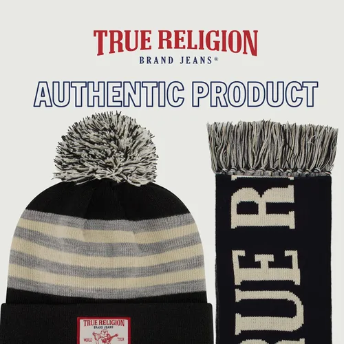 Miniatura 6 de True Religion - Conjunto de gorro y bufanda, gorro de punto con relleno de invierno con pompones y bufanda estilo estadio