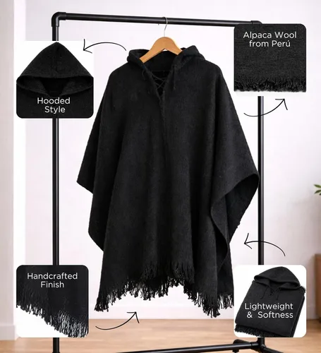 Miniatura 6 de Poncho de lana de alpaca Gamboa para hombre, panchos mexicanos con capucha para adultos, poncho de vaquero y estilo western hippie para hombre