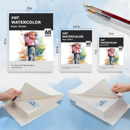 Miniatura 7 de XWT 60 hojas de papel de acuarela a granel, 5.5 x 8.5 pulgadas, 140 libras/300 gsm, prensado en frío, sin ácido, blanco natural, texturizado