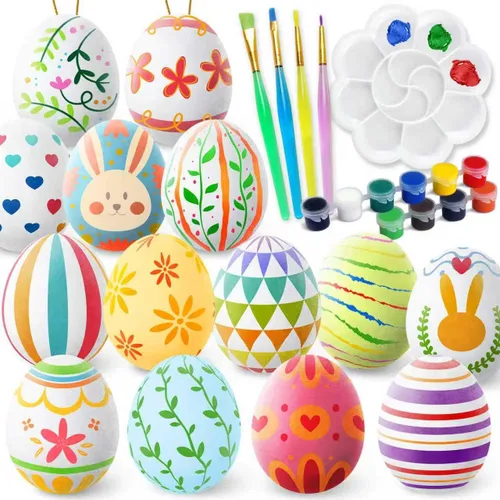 Miniatura 7 de Kit de pintura de huevos coloridos de Pascua, huevos flocados pintables con kit de garabatos para diseño de bricolaje, huevos flocados colgantes