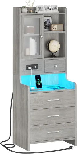 Miniatura 9 de ADORNEVE Mesita de noche alta con estación de carga y luces LED, mesita de noche de 49.2 pulgadas con estantería, mesita de noche negra con cajones