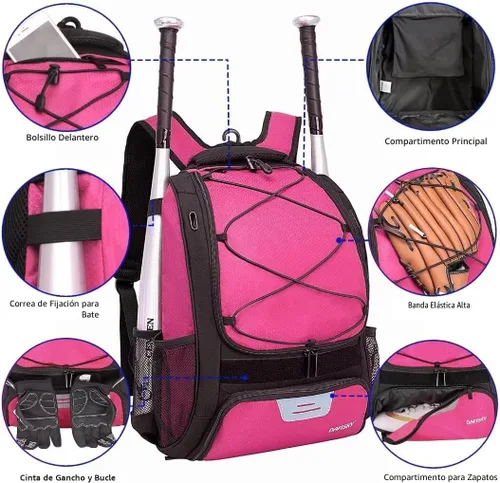 Miniatura 4 de DAFISKY, Mochila para Bolsón de Béisbol y Sóftbol - Mochila para Equipo de Bate de Béisbol, Sóftbol y Bola T para Jóvenes y Adultos con Soportes Rosa