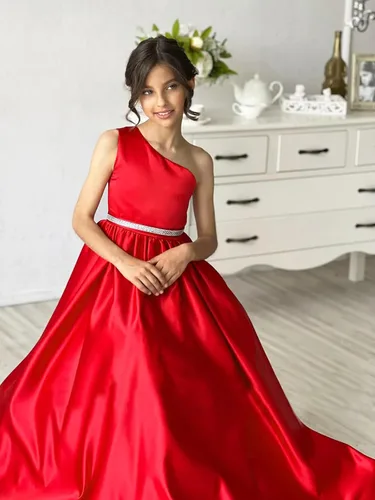 Miniatura 3 de Vestidos de satén de un hombro para niñas, vestido de princesa de una línea de flores con banda de abalorios