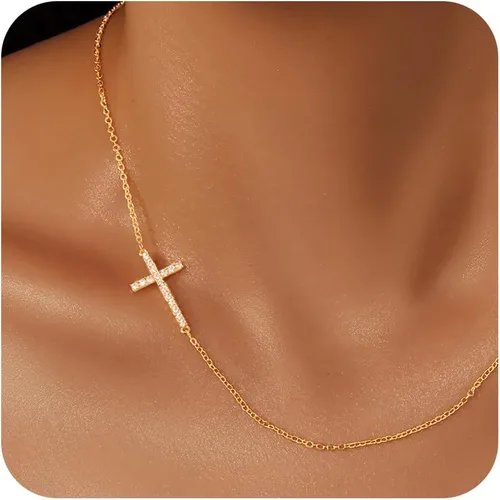 Miniatura 31 de Collar de cruz para mujeres y niñas, delicado chapado en oro de 14 quilates, gargantilla con dije de cruz que no se deslustra, impermeable, moderno