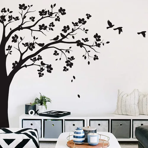 Miniatura 6 de Adhesivo decorativo para pared de árbol de esquina grande con flores grandes, pájaros y hojas para cuarto de bebé, mural 087