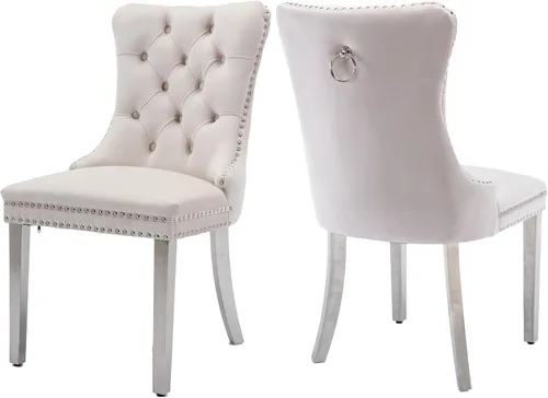 Miniatura 38 de Juego de 2 sillas de comedor, sillas de comedor tapizadas con tirador de anillo trasero, ribete de cabeza de clavo y patas de acero inoxidable Gris