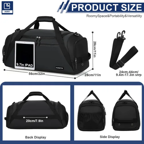 Miniatura 2 de FIORETTO 43L Mens Sports Gym Bag with Wet Pocket & Shoe Compartment, Travel Duffle Bag Overnight Bag with Padded Shoulder Strap, Water-Resistant