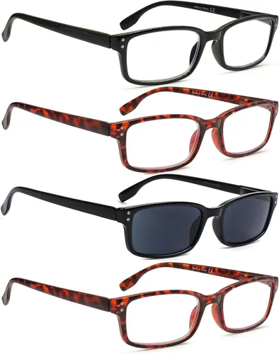 Miniatura 7 de Kerecsen Paquete de 4 lentes de lectura para hombres y mujeres con bisagras de resorte, anteojos rectangulares ligeros de color negro