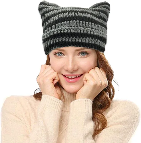 Miniatura 3 de Gorro de punto con orejas de gato para mujer, gorro de ganchillo con gorro de invierno a rayas, accesorios Y2K, gorros estilo gótico grunge