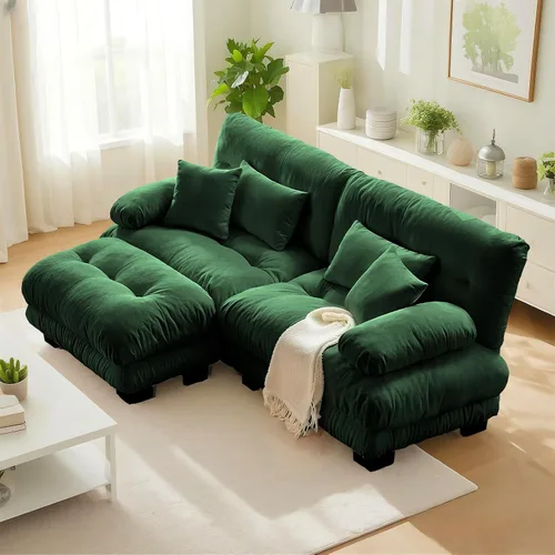 Miniatura 27 de SoarFlash Moderno sofá reclinable de terciopelo para sala de estar, sofá biplaza para apartamento, sofá de almacenamiento con marco de madera Azul