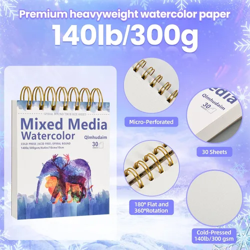 Miniatura 3 de Cuaderno de bocetos de medios mixtos Qlmhudaim 4" x 4" 30 hojas 140 lb/300 g, encuadernado en espiral con línea de desgarro De grado