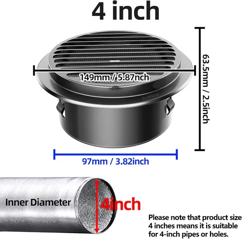 Miniatura 2 de Cubierta de ventilación de aire de acero inoxidable 304 engrosado de servicio pesado de 4", cubierta de rejilla con persianas, capucha