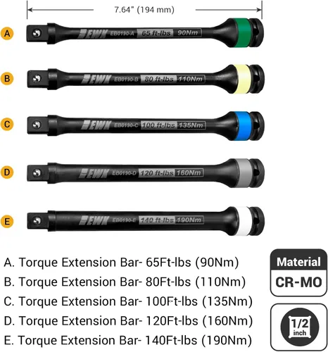 Miniatura 2 de EWK Juego de 5 barras de extensión limitadoras de par de impacto de 1/2 pulgada, 65 pies-libras, 80 pies-libras, 100 pies-libras, 120 pies-lb y 140