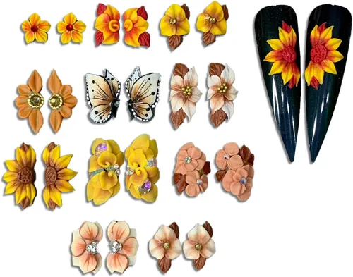 Abalorios de uñas de flores en 3D de acrílico otoño, hechos a mano con polvo acrílico - Kit de 24 piezas de flores, diamantes de imitación para