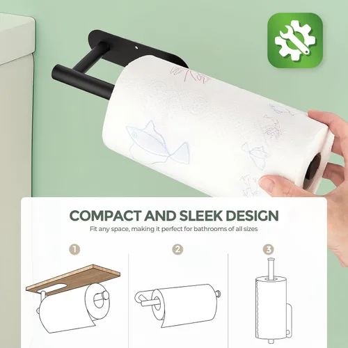 Miniatura 5 de Paquete de 2 soportes para toallas de papel, acero inoxidable SUS304 negro mate, autoadhesivo o perforador, soporte de pared para cocina y baño