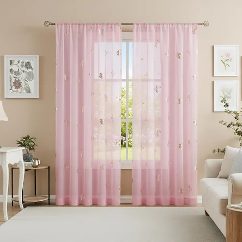 Miniatura 14 de Jubilantex Paneles de cortinas transparentes de mariposas negras y doradas de 52 pulgadas de ancho para dormitorio de niñas, elegantes cortinas