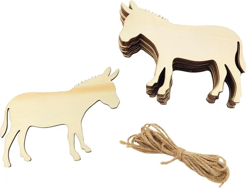 Paquete de 30 adornos colgantes de madera de burro de 4 pulgadas sin terminar, adornos colgantes de burro de animales, etiquetas de regalo para