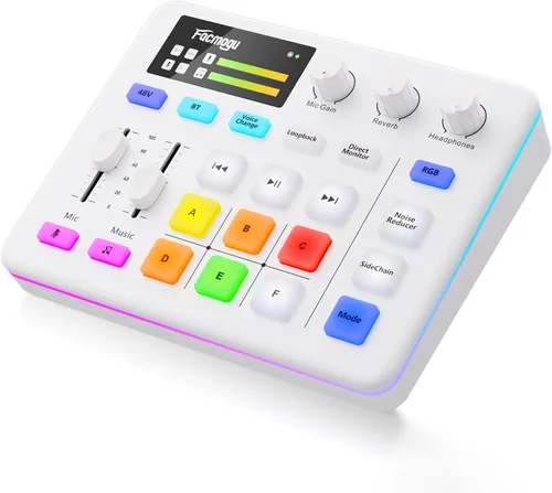 Facmogu Mezclador de audio G9, mezclador de PC RGB de transmisión con interfaz de micrófono XLR, atenuador de volumen, botón de silencio,
