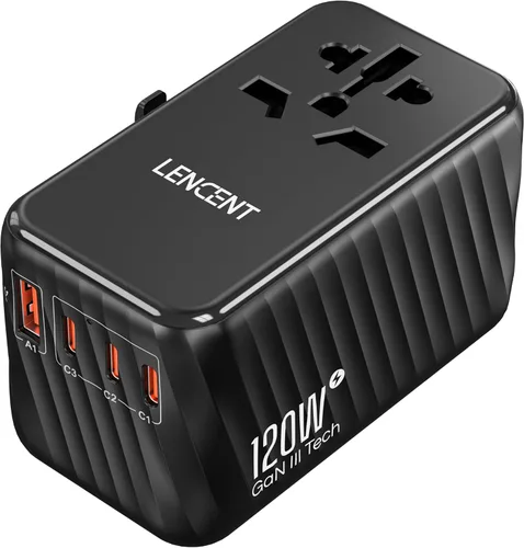 LENCENT Adaptador de viaje internacional, cargador rápido universal GaN de 120 W con 3 PD3.0 tipo C+1 QC USB A, adaptador de corriente todo en uno