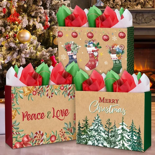 Miniatura 6 de Zachely 24 bolsas de regalo de Navidad extra grandes con 24 papel de seda, bolsas de papel kraft jumbo a granel para regalos, 6 estilos de bolsas