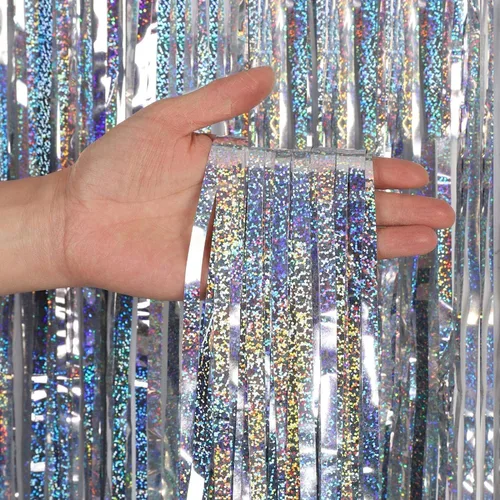 Miniatura 7 de CYLMFC Cortinas de flecos de papel de aluminio para decoración de fiesta, paquete de 2 telones de fondo de oropel de 3 x 8 pies para telón de fondo