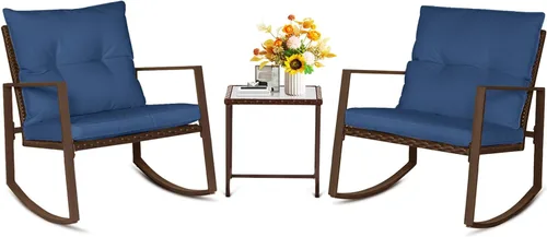 SUNCROWN Juego de 3 piezas de muebles mecedores de mimbre para exteriores, juego de sillas para porche y conversación con mesa de café de vidrio,