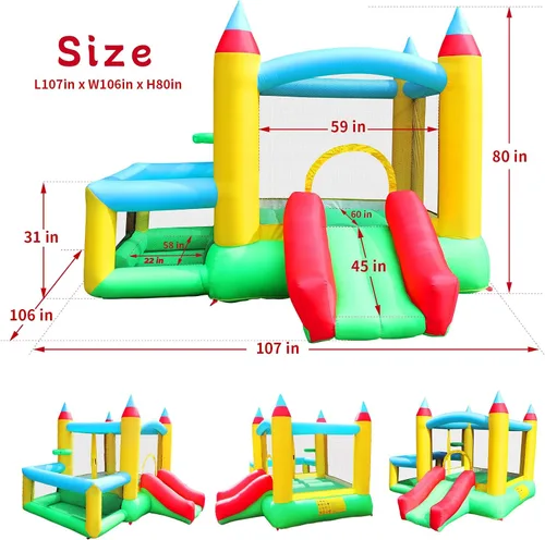 Miniatura 6 de WELLFUNTIME - Casa inflable para saltar con tobogán, 107x106x80 pulgadas, castillo hinchable con soplador y piscina de pelotas, juego de baloncesto
