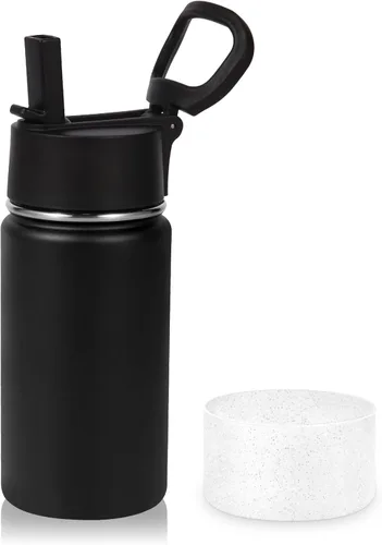Volhoply Botella de agua de acero inoxidable aislada de 14 onzas con tapa de pajita y funda de silicona, sin BPA, fácil de usar para niños y niñas,