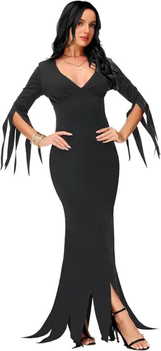 Miniatura 5 de AOBUTE Disfraz de Morticia de Halloween para mujer, vestido largo ajustado con cuello en V