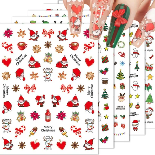 Miniatura 8 de Calcomanías de uñas – Navidad 3D, calcomanías autoadhesivas para uñas, patrón multicolor, 10 hojas, para arte de uñas