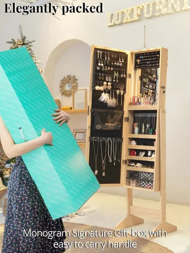 Miniatura 5 de LUXFURNI Armario de joyería con luz LED, espejo de pie, organizador de almacenamiento grande con cerradura y cajones (natural)