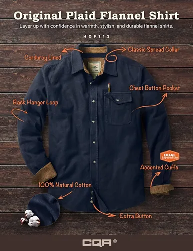Miniatura 7 de CQR - Camisa de franela de algodón a cuadros con botones y manga larga para hombre, algodón cepillado suave, camisa de estilo informal