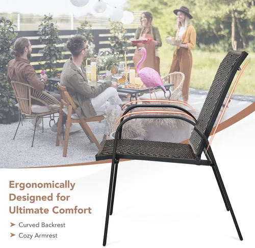 Miniatura 9 de Tangkula Juego de 6 sillas de comedor apilables de mimbre para patio, sillas de comedor de ratán de polietileno para exteriores con marco de metal