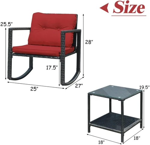 Miniatura 5 de Juego de 3 piezas mecedoras de bistró, muebles de mimbre para patio, juego de sillas de conversación al aire libre con 2 sillas mecedoras y mesa