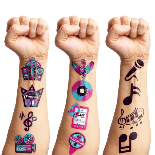 Miniatura 9 de (96 piezas) Notas musicales motivacionales musicales precortadas tatuajes temporales para niños, suministros de fiesta temática de cumpleaños, Normal