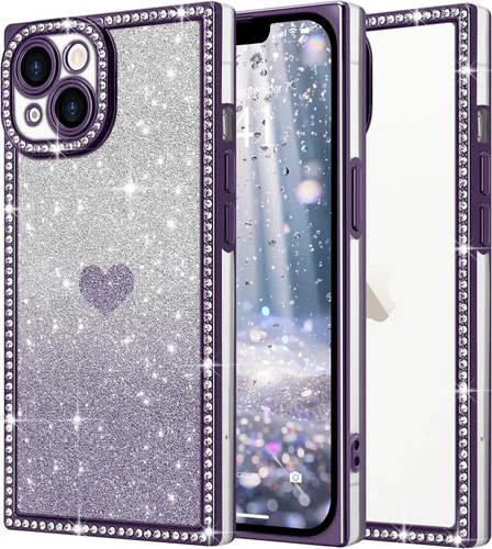 Miniatura 22 de Funda para iPhone 13, funda de diamantes de imitación de lujo con patrón de corazón de amor de cristal [papel con purpurina extraíble], parachoques