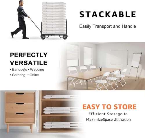Miniatura 6 de Paquete de 4 sillas plegables blancas, silla plegable comercial apilable portátil, silla plegable de plástico para interiores y exteriores