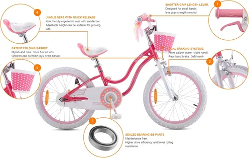 Miniatura 4 de Royalbaby Stargirl Bicicleta infantil de aventura al aire libre con soporte, asiento ajustable y cesta, 18 pulgadas, rosa [3] Rojo coral
