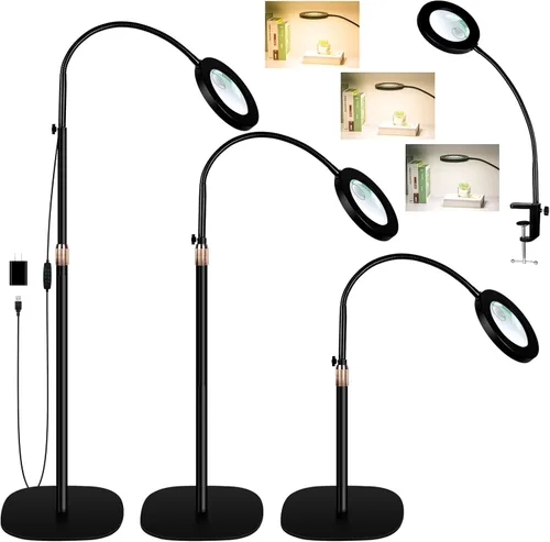 Miniatura 9 de Lupa de Aumento 12X con Luz y Soporte, Lámpara de Pie con Lupa LED Regulable Sin Escalones de 3 Colores, Lámpara Lupa Iluminada con Cuello de Ganso