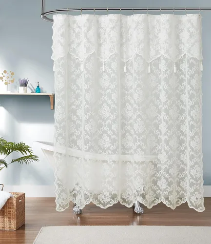 Miniatura 7 de LinenZone Cortinas de ducha de encaje de 72 x 72 pulgadas con cenefa adjunta y borlas. La cortina de ducha de tela de encaje es ideal