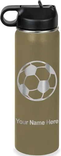 Miniatura 45 de LaserGram Botella de agua personalizada, pelota de fútbol, acero inoxidable de doble pared aislada al vacío con popote superior, regalo grabado