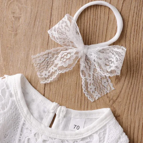 Miniatura 3 de ODIMAME Conjunto de ropa para bebé niña con encaje blanco + jeans rasgados + diadema, conjunto de ropa de verano de 3 piezas
