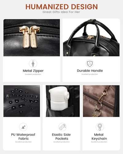 Miniatura 5 de LOVEVOOK Mochila vintage para computadora portátil de piel sintética de 15.6 pulgadas, negro, 25L, resistente al agua, puerto de carga USB