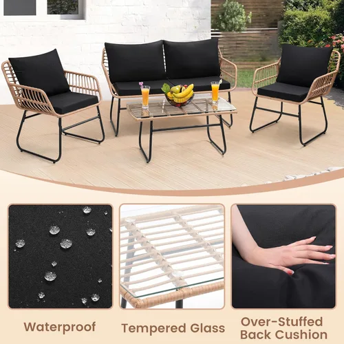 Miniatura 4 de Kromax Juego de 4 muebles de patio estilo bistró para exteriores, sofá de mimbre, 2 sillas de ratán y mesa, juego de conversación para el patio