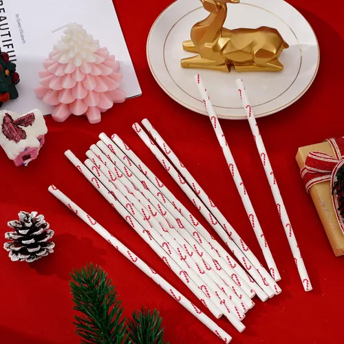 Miniatura 3 de 100 pajitas de papel de bastón de caramelo de Navidad, color rojo y blanco, para invierno, desechables, para bebidas, decoraciones de cócteles
